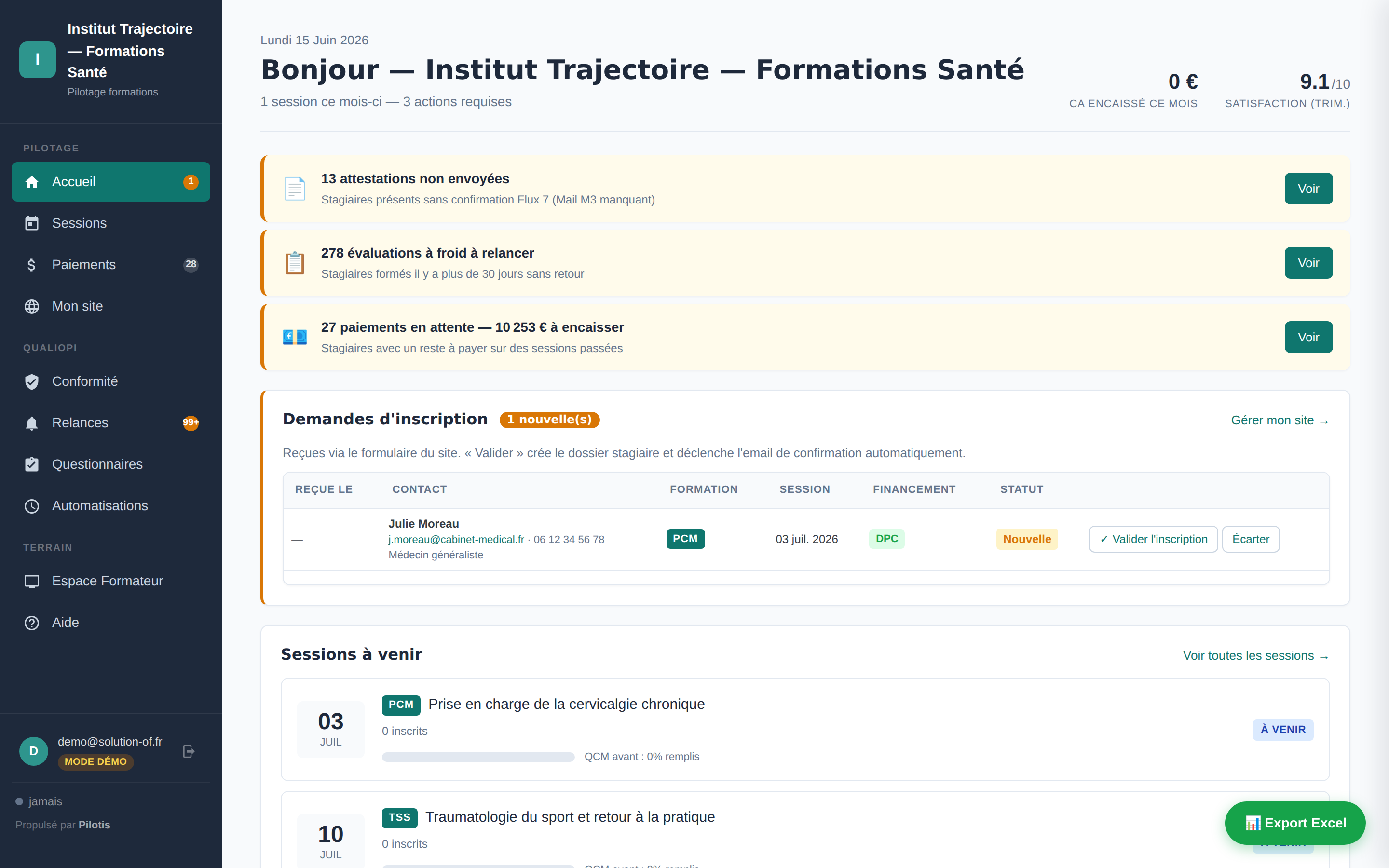 Tableau de bord Pilotis : sessions, paiements, conformité Qualiopi en temps réel